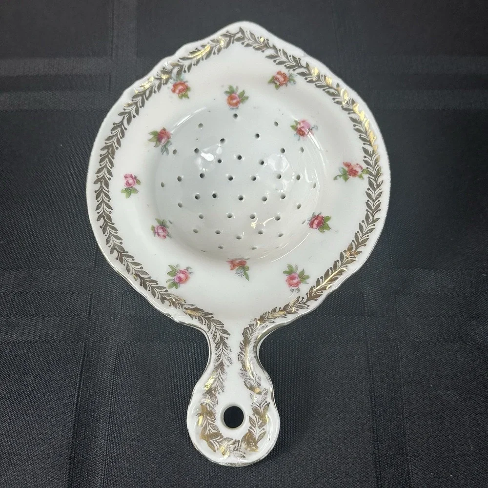 Antique Porcelain Handled Tea Strainer Pink‎ Roses Gold Laurel Shabby Chic